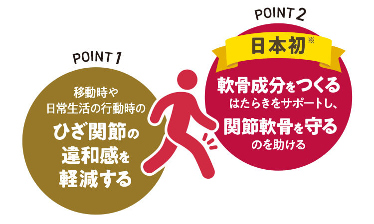 POINT1 移動時や日常生活の行動時のひざ関節の違和感を軽減する POINT2 軟骨成分をつくるはたらきをサポートし、関節軟骨を守るのを助ける