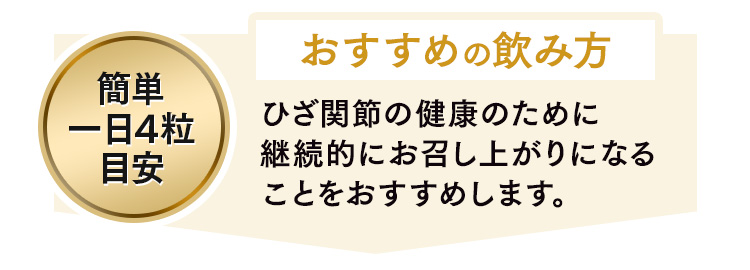 おすすめの飲み方 簡単一日4粒目安 ひざ関節の健康のために継続的にお召し上がりになることをおすすめします。