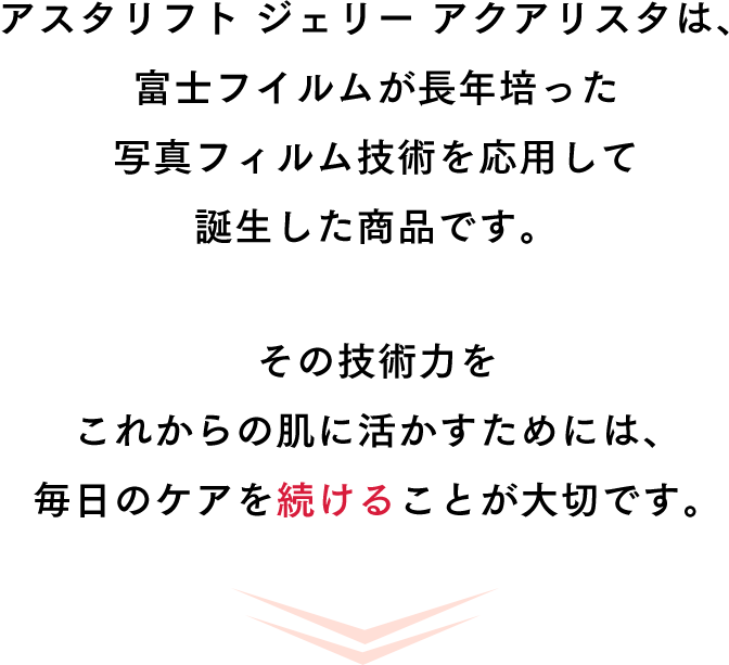 アスタリフト ジェリー アクアリスタは、富士フイルムが長年培った写真フィルム技術を応用して誕生した商品です。その技術力をこれからの肌に活かすためには、毎日のケアを続けることが大切です。