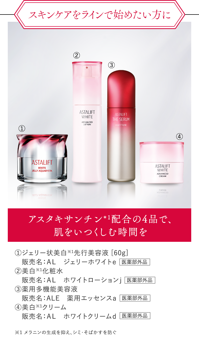 ＜スキンケアをラインで始めたい方に＞ アスタキサンチン＊1配合の4品で、肌をいつくしむ時間を (1)ジェリー状美白※1先行美容液[60g]（販売名：AL ジェリーホワイトe、医薬部外品） (2)美白※1化粧水（販売名：AL ホワイトローションj、医薬部外品） (3)薬用多機能美容液（販売名：ALE 薬用エッセンスa、医薬部外品） (4)美白※1クリーム（販売名：AL ホワイトクリームd、医薬部外品） ※1 メラニンの生成を抑え、シミ・そばかすを防ぐ