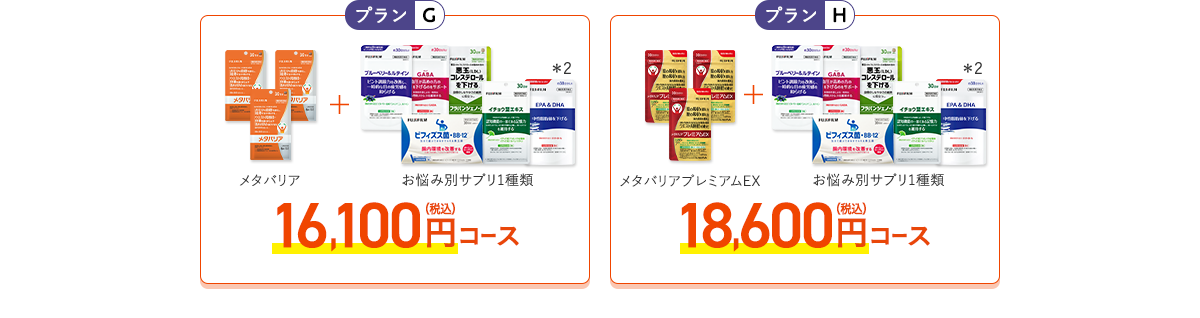 ［プランG］メタバリア+お悩み別サプリ1品 16,100円（税込）コース［プランH］メタバリアプレミアムEX+お悩み別サプリ1品 18,600円（税込）コース