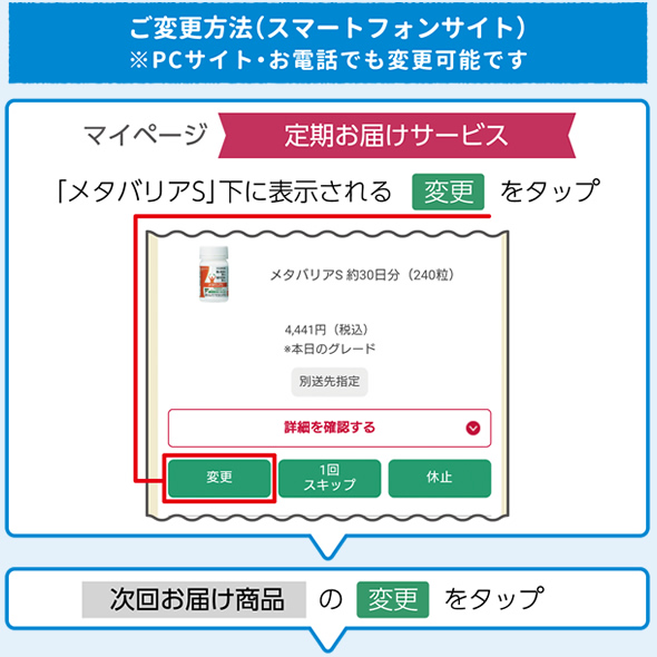 ご変更方法（スマートフォンサイト）マイページ「定期お届けサービス」次回お届け商品の変更をタップ