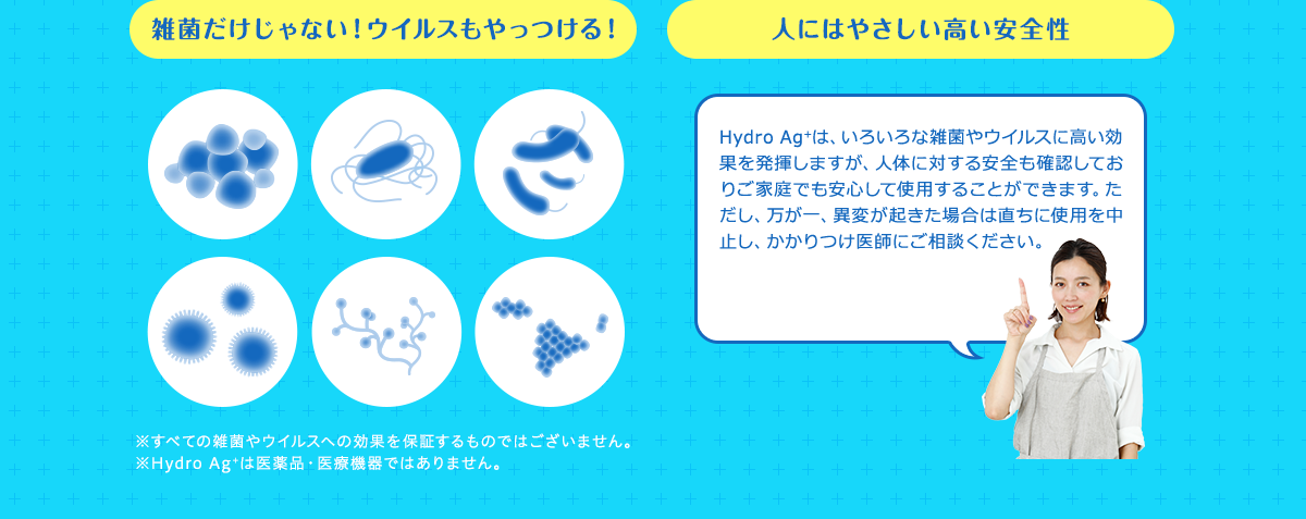 雑菌だけじゃない！ウイルスもやっつける！ 人にはやさしい高い安全性 Hydro Ag+は、いろいろな雑菌やウイルスに高い効果を発揮しますが、人体に対する安全も確認しておりご家庭でも安心して使用することができます。ただし、万が一、異変が起きた場合は直ちに使用を中止し、かかりつけ医師にご相談ください。 ※すべての雑菌やウイルスへの効果を保証するものではございません。 ※Hydro Ag＋は医薬品・医療機器ではありません。
