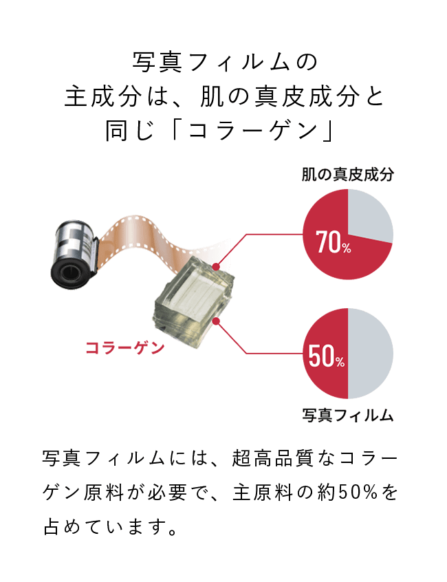写真フィルムの主原料は「コラーゲン」。写真フィルムには、超高品質なコラーゲン原料が必要で、主原料の約50%を占めています。