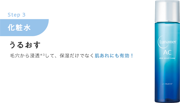 Step.3 化粧水【うるおす】毛穴から浸透＊3して、保湿だけでなく肌あれにも有効！
