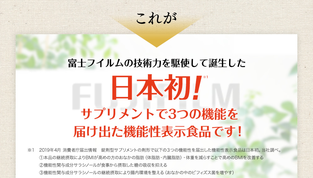 これが富士フイルムの技術力を駆使して誕生した日本初！サプリメントで3つの機能を届け出た機能性表示食品です！