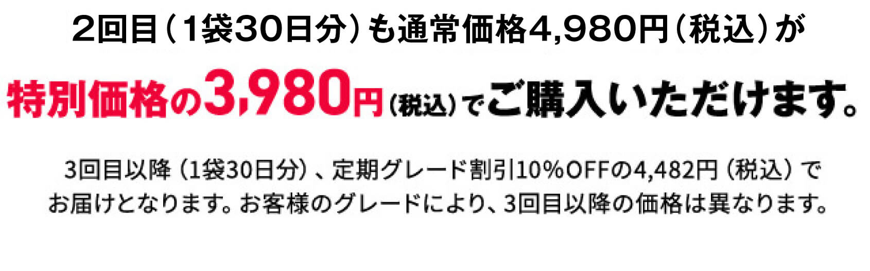 2回目（1袋30日分）も通常価格4,980円（税込）が特別価格の3,980円（税込）でご購入いただけます。