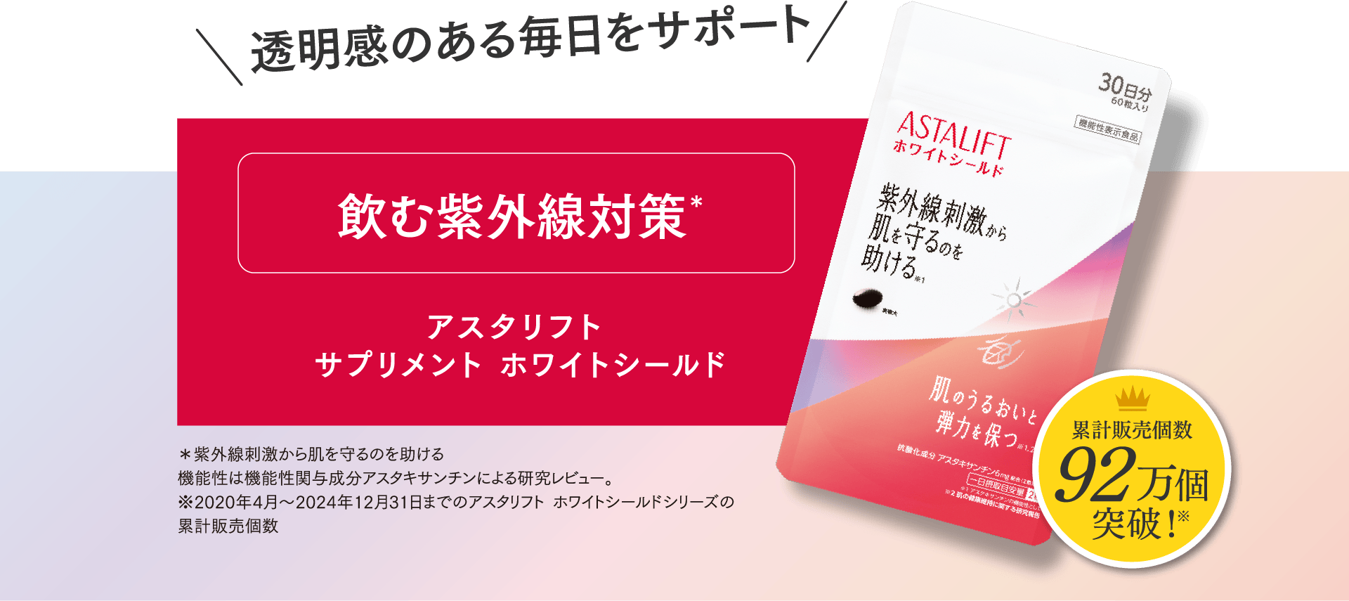 透明感のある毎日をサポート 飲む紫外線対策＊ アスタリフト サプリメント ホワイトシールド 累計販売個数58万個突破!※