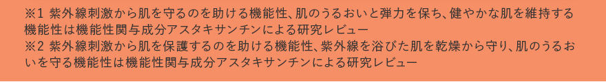 ※1 紫外線刺激から肌を守るのを助ける機能性、肌のうるおいと弾力を保ち、健やかな肌を維持する機能性は機能性関与成分アスタキサンチンによる研究レビュー ※2 紫外線刺激から肌を保護するのを助ける機能性、紫外線を浴びた肌を乾燥から守り、肌のうるおいを守る機能性は機能性関与成分アスタキサンチンによる研究レビュー