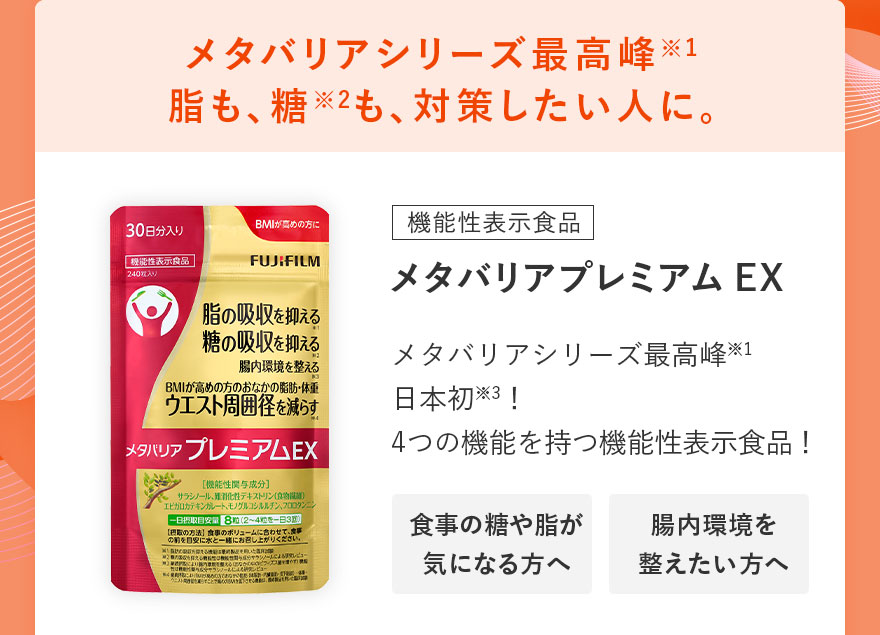 メタバリアシリーズ最高峰 脂も糖も対策したい人に。 メタバリアプレミアムEX メタバリアシリーズ最高峰!日本初!4つの機能を持つ機能性表示食品!