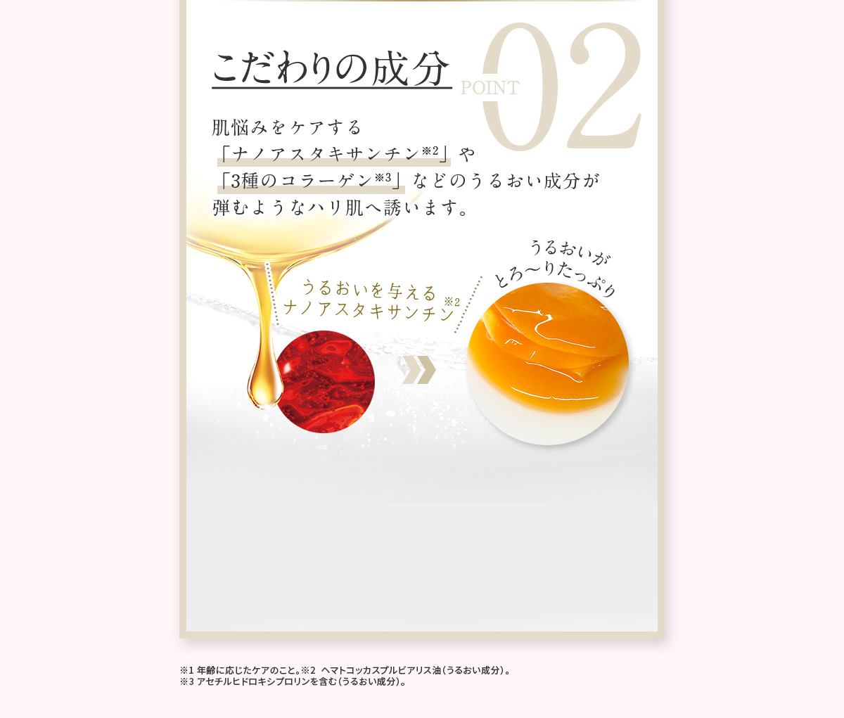 POINT 2 こだわりの成分 肌悩みをケアする「ナノアスタキサンチン※2」や「3種のコラーゲン※3」などのうるおい成分が弾むようなハリ肌へ誘います。