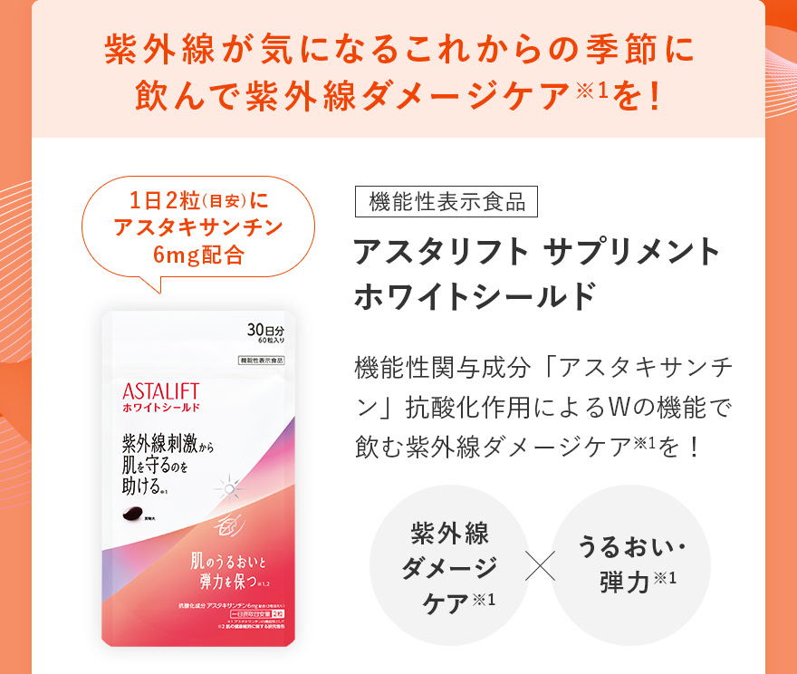 紫外線が気になるこれからの季節に 飲んで紫外線ダメージケア※1を！ | [機能性表示食品]アスタリフト サプリメント ホワイトシールド | 機能性関与成分「アスタキサンチン」抗酸化作用によるWの機能で飲む紫外線ダメージケア※1を！