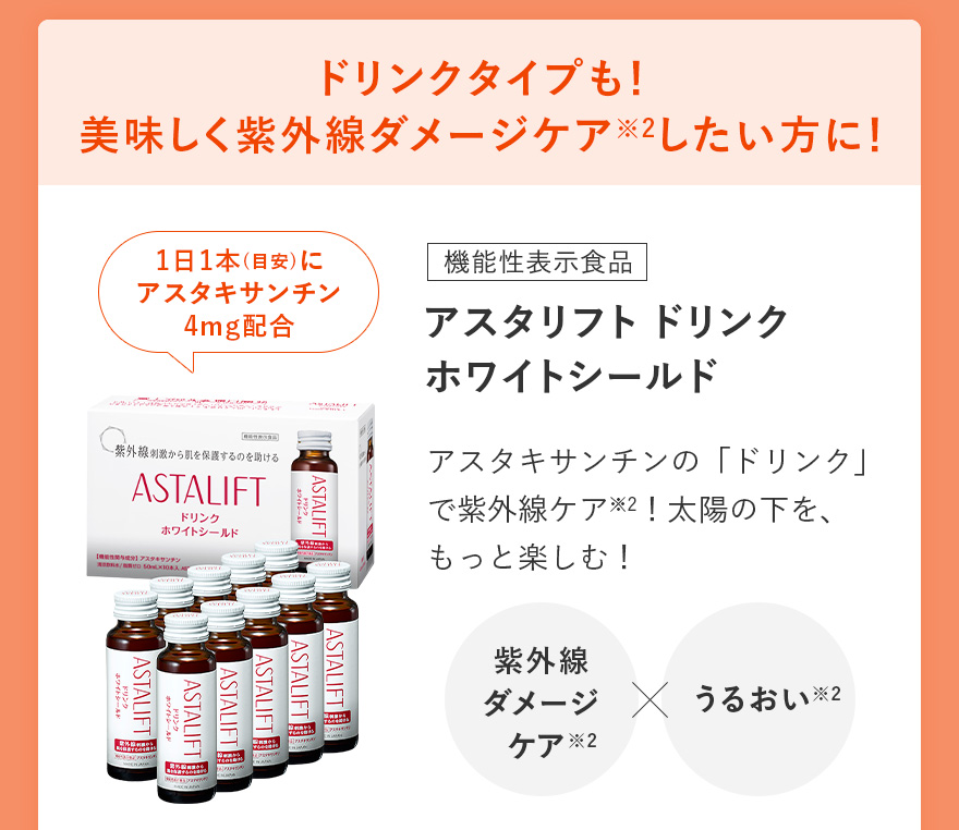 ドリンクタイプも！ 美味しく紫外線ダメージケア※2したい方に！ | [機能性表示食品]アスタリフト ドリンク ホワイトシールド | アスタキサンチンの「ドリンク」で紫外線ケア※2！太陽の下を、もっと楽しむ！