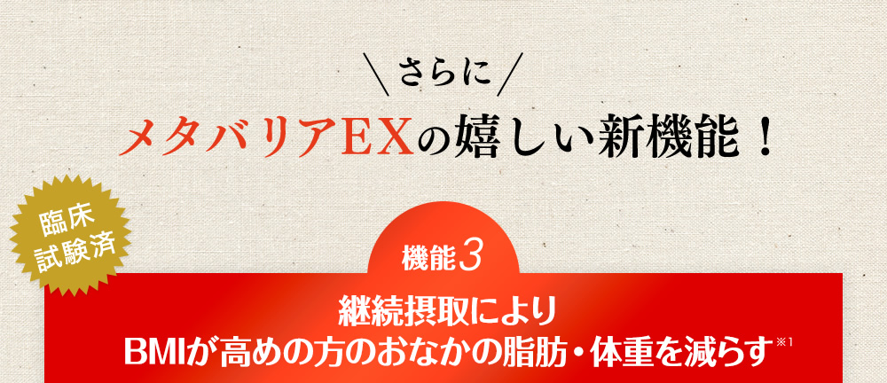 さらにメタバリアEXの嬉しい新機能！【機能3】継続摂取によりBMIが高めの方のお腹の脂肪・体重を減らす