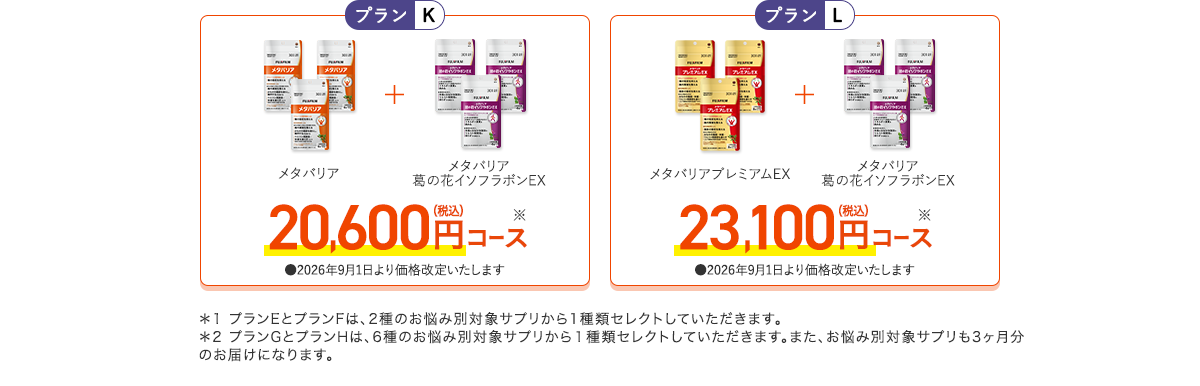 ［プランK］メタバリア+葛の花イソフラボンEX 20,600円（税込）コース［プランL］メタバリアプレミアムEX+葛の花イソフラボンEX 23,100円（税込）コース