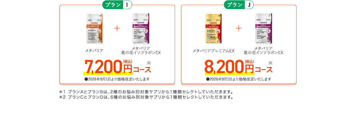 ［プランI］メタバリア+葛の花イソフラボンEX 7,200円（税込）コース　［プランJ］メタバリアプレミアムEX+葛の花イソフラボンEX 8,200円（税込）コース