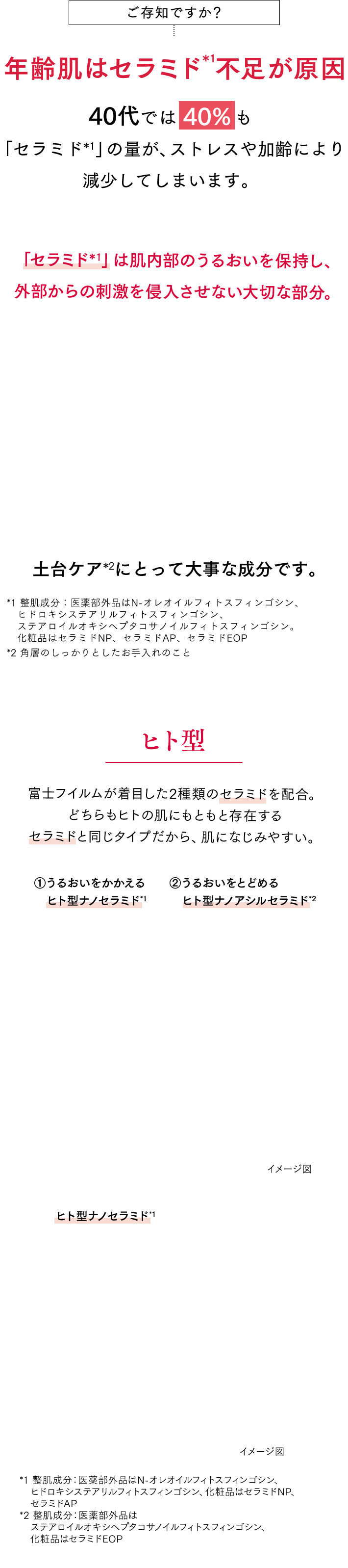 ご存知ですか？年齢肌はセラミド*1不足が原因 40代では《40%》も「セラミド*1」の量が、ストレスや加齢により減少してしまいます。 「セラミド*1」は肌内部のうるおいを保持し、外部からの刺激を侵入させない大切な部分。土台ケア*2にとって大事な成分です。*1 整肌成分：医薬部外品はN-オレオイルフィトスフィンゴシン、ヒドロキシステアリルフィトスフィンゴシン、ステアロイルオキシヘプタコサノイルフィトスフィンゴシン。化粧品はセラミドNP、セラミドAP、セラミドEOP *2 角層のしっかりとしたお手入れのこと ヒト型 富士フイルムが着目した2種類のセラミドを配合。どちらもヒトの肌にもともと存在するセラミドと同じタイプだから、肌になじみやすい。 ①うるおいをかかえるヒト型ナノセラミド*1 ②うるおいをとどめるヒト型ナノアセルセラミド*2 ヒト型だからピタッと！ *1 整肌成分：医薬部外品はN-オレオイルフィトスフィンゴシン、ヒドロキシステアリルフィトスフィンゴシン、化粧品はセラミドNP、セラミドAP *2 整肌成分：医薬部外品はステアロイルオキシヘプタコサノイルフィトスフィンゴシン、化粧品はセラミドEOP