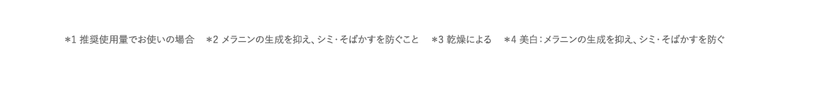 ＊1 推奨使用量でお使いの場合　＊2 メラニンの生成を抑え、シミ・そばかすを防ぐこと　＊3 乾燥による　＊4 美白：メラニンの生成を抑え、シミ・そばかすを防ぐ