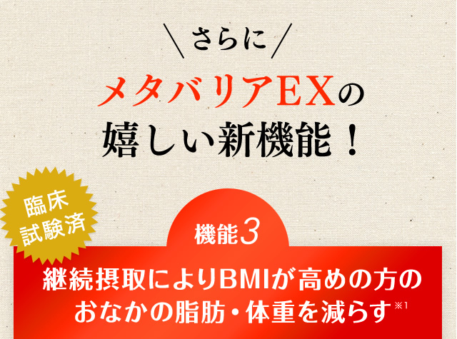 さらにメタバリアEXの嬉しい新機能！【機能3】継続摂取によりBMIが高めの方のお腹の脂肪・体重を減らす