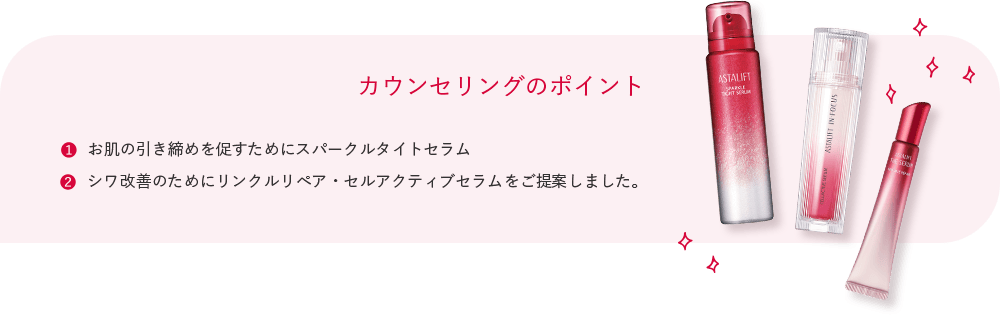 カウンセリングのポイント お肌の引き締めを促すためにスパークルタイトセラム シワ改善のためにリンクルリペア・セルアクティブセラムをご提案しました。
