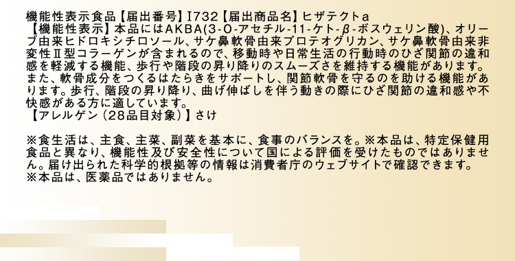 機能性表示食品【届出番号】I732【届出商品名】ヒザテクトａ【届出表示】本品にはAKBA(3-O-アセチル-11-ケト-β-ボスウェリン酸)、オリーブ由来ヒドロキシチロソール、サケ鼻軟骨由来プロテオグリカン、サケ鼻軟骨由来非変性Ⅱ型コラーゲンが含まれるので、移動時や日常生活の行動時のひざ関節の違和感を軽減する機能、歩行や階段の昇り降りのスムーズさを維持する機能があります。また、軟骨成分をつくるはたらきをサポートし、関節軟骨を守るのを助ける機能があります。歩行、階段の昇り降り、曲げ伸ばしを伴う動きの際にひざ関節の違和感や不快感がある方に適しています。 ※食生活は、主食、主菜、副菜を基本に、食事のバランスを。※本品は、事業者の責任において特定の保健の目的が期待できる旨を表示するものとして、消費者庁長官に届出されたものです。ただし、特定保健用食品と異なり、消費者庁長官による個別審査を受けたものではありません。※本品は、疾病の診断、治療、予防を目的としたものではありません。