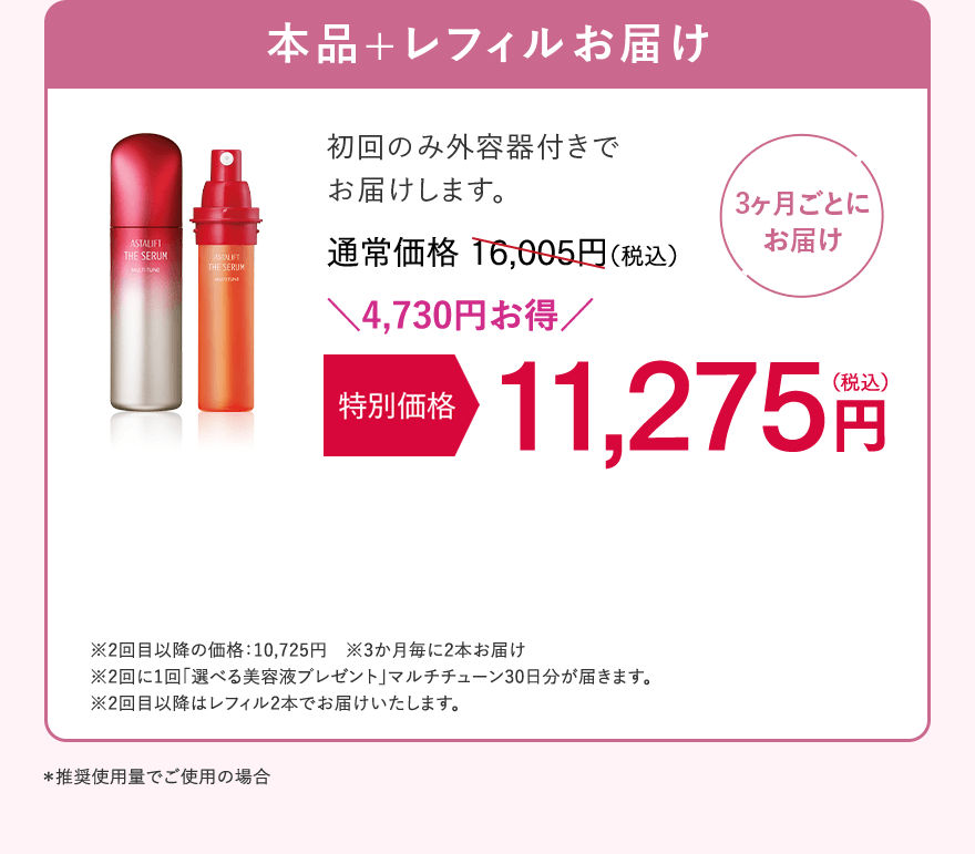 【3ヶ月ごとにお届け】本品+レフィルお届け 初回のみ外容器付きでお届けします。通常価格16,005円（税込）が、特別価格 11,275円（税込）。4,730円お得！