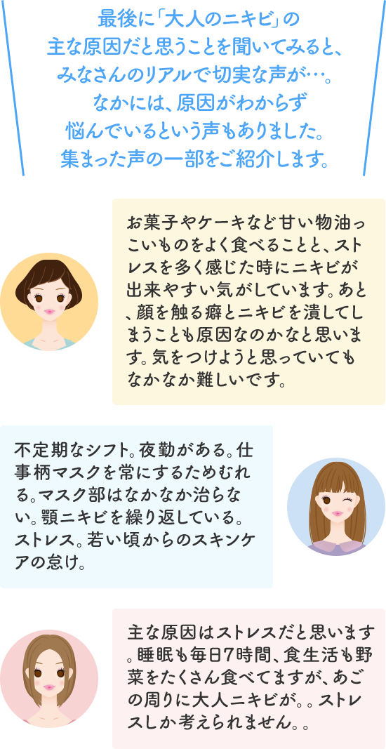 最後に「大人のニキビ」の主な原因だと思うことを聞いてみると、みなさんのリアルで切実な声が…。なかには、原因がわからず悩んでいるという声もありました。集まった声の一部をご紹介します。