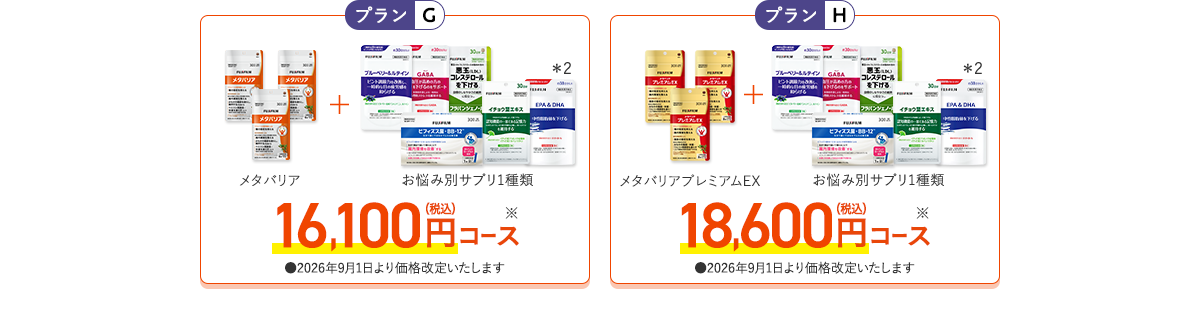 ［プランG］メタバリア+お悩み別サプリ1品 16,100円（税込）コース［プランH］メタバリアプレミアムEX+お悩み別サプリ1品 18,600円（税込）コース