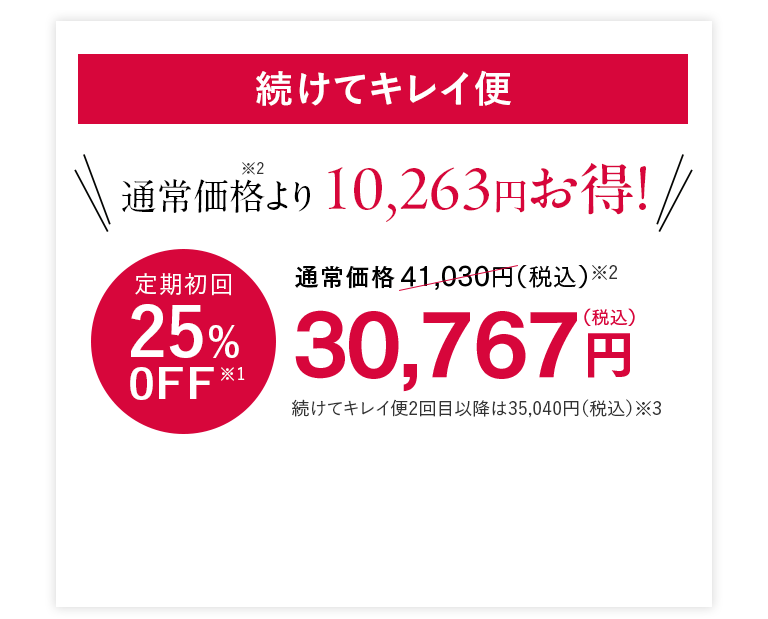 続けてキレイ便 通常価格※2より10,263円お得！ 定期初回25%0FF※1 30,767円（税込）