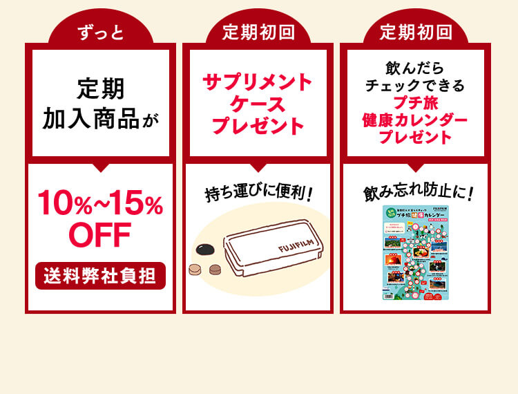 ずっと定期加入商品が10％～15％OFF送料無料 定期初回 サプリメントケースプレゼント 持ち運びに便利！ 定期初回 飲んだらチェックできるプチ旅健康カレンダープレゼント 飲み忘れ防止に！