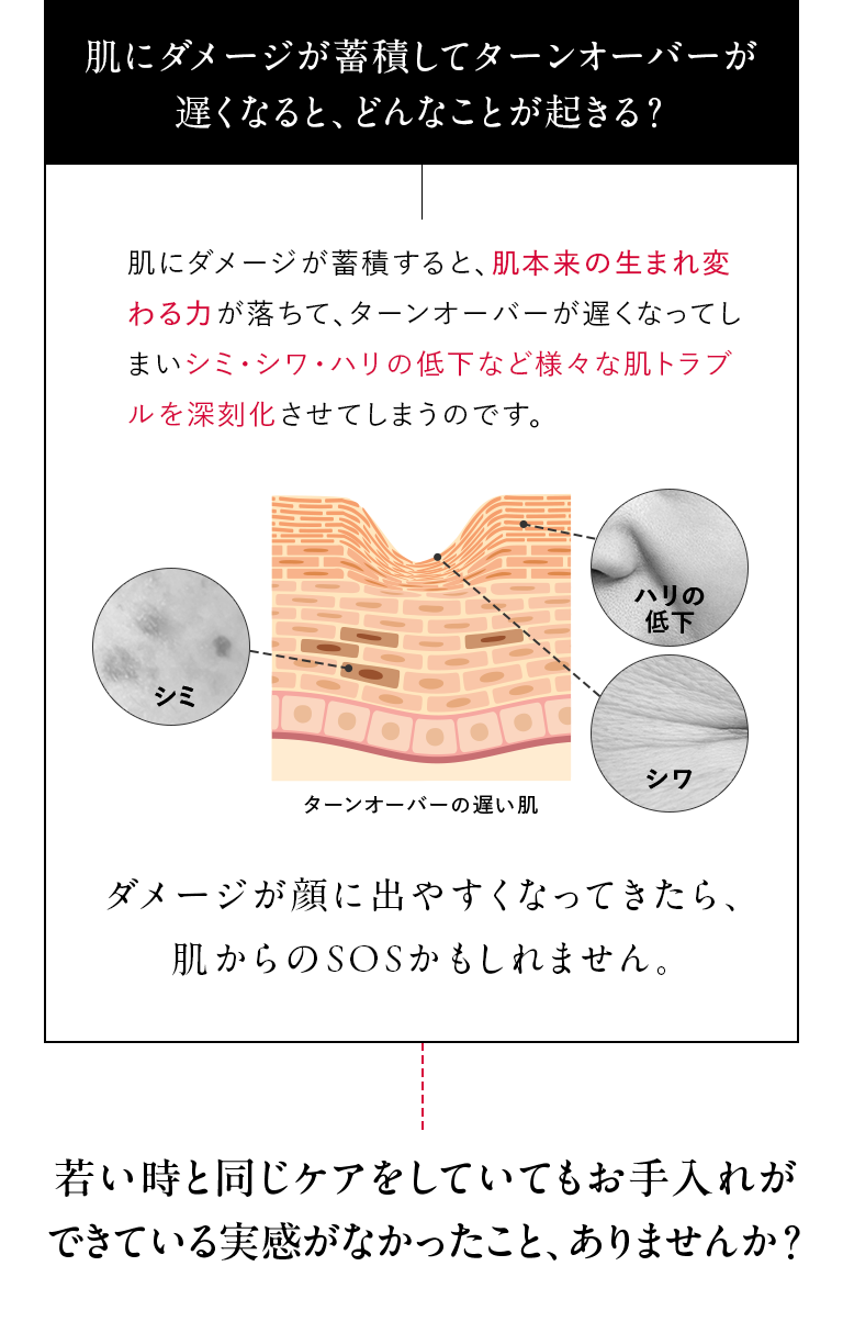 肌にダメージが蓄積してターンオーバーが遅くなると、どんなことが起きる？