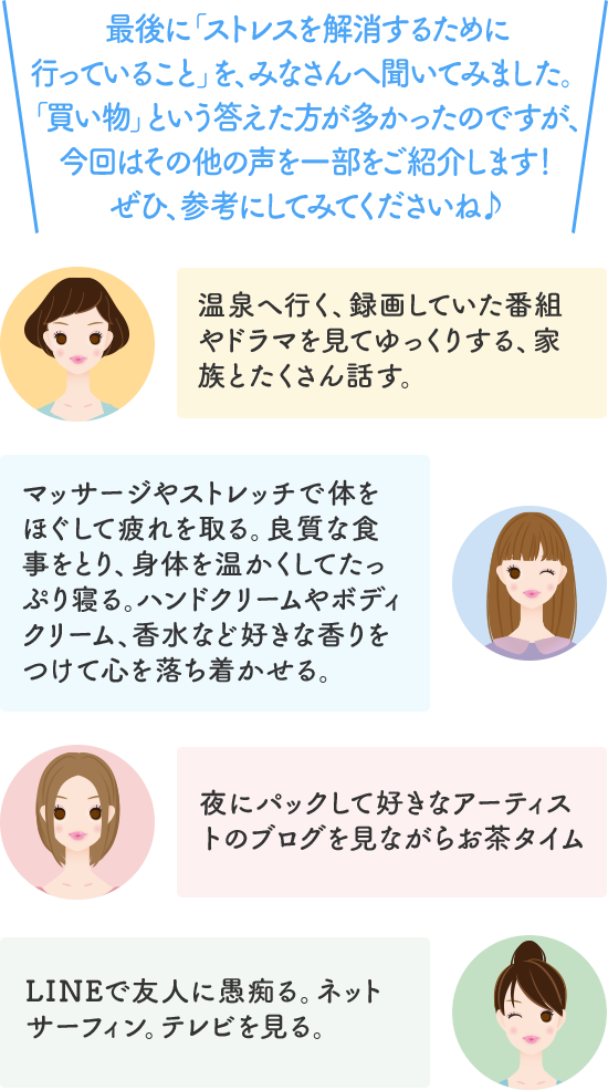最後に「ストレスを解消するために行っていること」を、みなさんへ聞いてみました。「買い物」という答えた方が多かったのですが、今回はその他の声を一部をご紹介します!ぜひ、参考にしてみてくださいね♪