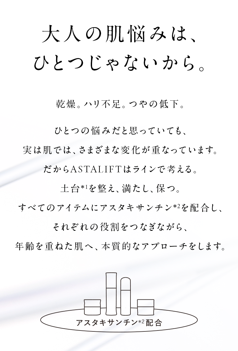 大人の肌悩みは、ひとつじゃないから。 乾燥。ハリ不足。つやの低下。ひとつの悩みだと思っていても、実は肌では、さまざまな変化が重なっています。だからASTALIFTはラインで考える。土台＊1を整え、満たし、保つ。すべてのアイテムにアスタキサンチン＊2を配合し、 それぞれの役割をつなぎながら、年齢を重ねた肌へ、本質的なアプローチをします。
