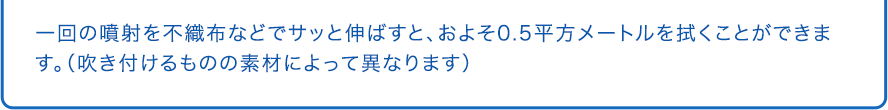 一回の噴射を不織布などでサッと伸ばすと、およそ0.5平方メートルを拭くことができます。（吹き付けるものの素材によって異なります）