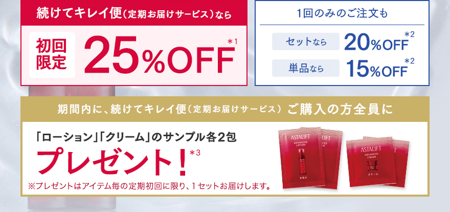続けてキレイ便（定期お届けサービス）なら初回限定25％OFF*1 1回のみのご注文もセットなら20％OFF*2 単品なら15％OFF*2 期間内に、続けてキレイ便（定期お届けサービス） ご購入の方全員に「ローション」「クリーム」のサンプル各2包プレゼント！*3 ※プレゼントはアイテム毎の定期初回に限り、１セットお届けします。