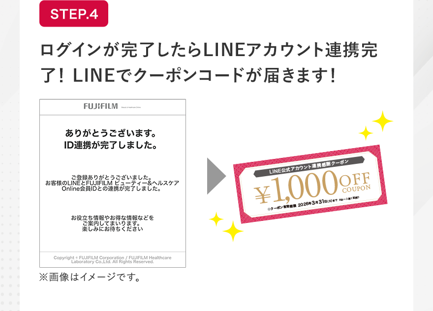 STEP.4 ログインが完了したらLINEアカウント連携完了!LINEでクーポンコードが届きます!