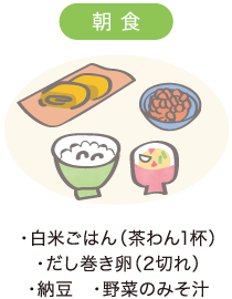 朝食　・白米ごはん（茶わん1杯） ・だし巻き卵（2切れ） ・納豆 ・野菜のみそ汁