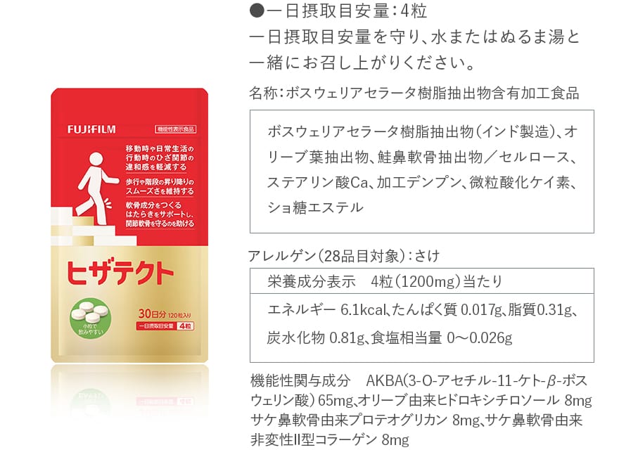 ●一日摂取目安量：4粒 一日摂取目安量を守り、水またはぬるま湯と一緒にお召し上がりください。｜名称：ボスウェリアセラータ樹脂抽出物含有加工食品｜ボスウェリアセラータ樹脂抽出物（インド製造）、オリーブ葉抽出物、鮭鼻軟骨抽出物／セルロース、ステアリン酸Ca、加工デンプン、微粒酸化ケイ素、ショ糖エステル｜アレルゲン（28品目対象）：さけ｜栄養成分表示　4粒（1200mg）当たり エネルギー 6.1kcal、たんぱく質 0.017g、脂質0.31g、炭水化物 0.81g、食塩相当量 0～0.026g｜機能性関与成分　AKBA（3-O-アセチル-11-ケト-β-ボスウェリン酸） 65mg、オリーブ由来ヒドロキシチロソール 8mg、サケ鼻軟骨由来プロテオグリカン 8mg、サケ鼻軟骨由来非変性Ⅱ型コラーゲン 8mg