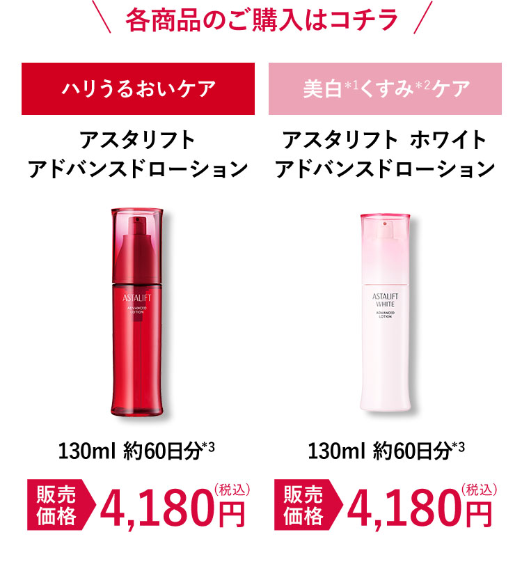 ハリうるおいケア 美白*1くすみ*2ケア アスタリフトホワイトアドバンスドローション130ml 約60日分*3 4,180円(税込)