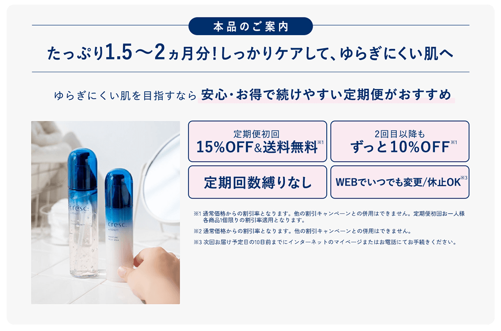 本品のご案内 たっぷり1.5～2ヶ月！しっかりケアして、ゆらぎにくい肌へ