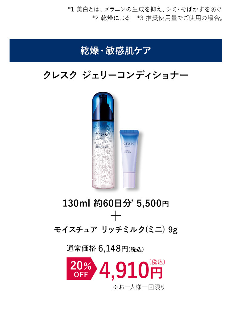 乾燥・敏感肌ケアクレスク ジェリーコンディショナー120ml 約60日分* 5,500円+モイスチュア リッチミルク(ミニ) 9g 20%OFF 4,910円(税込)