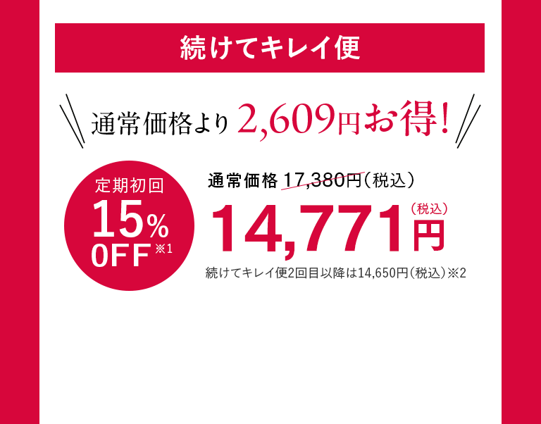 続けてキレイ便 通常価格より2,609円お得！ 定期初回25%0FF※1 14,771円（税込）