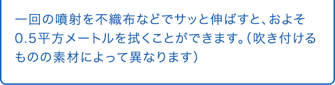 一回の噴射を不織布などでサッと伸ばすと、およそ0.5平方メートルを拭くことができます。（吹き付けるものの素材によって異なります）