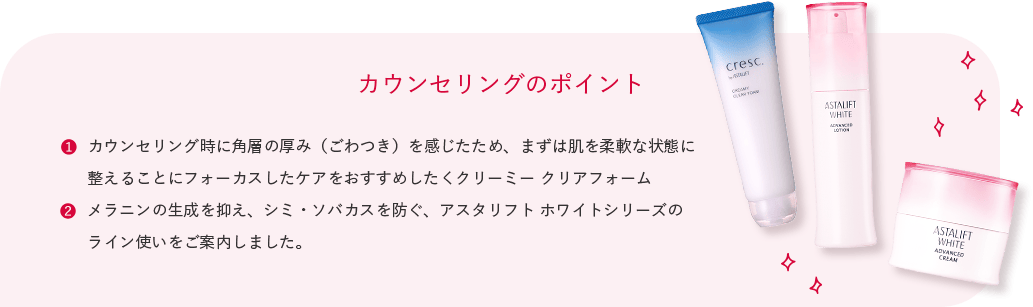 カウンセリングのポイント カウンセリング時に角層の厚み(ごわつき)を感じたため、まずは肌を柔軟な状態に整えることにフォーカスしたケアをおすすめしたくクリーミー クリアフォーム メラニンの生成を抑え、シミ・ソバカスを防ぐ、アスタリフト ホワイトシリーズの ライン使いをご案内しました。