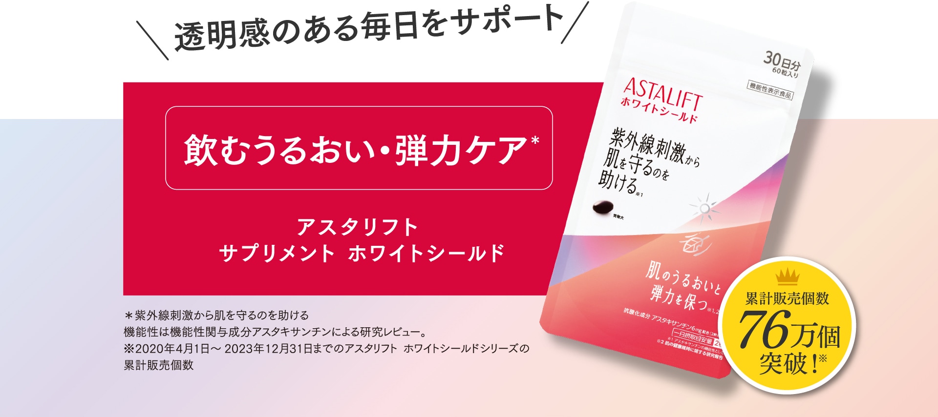 透明感のある毎日をサポート　飲むうるおい・弾力ケア＊ アスタリフト サプリメント ホワイトシールド 装いも新たにリニューアル！