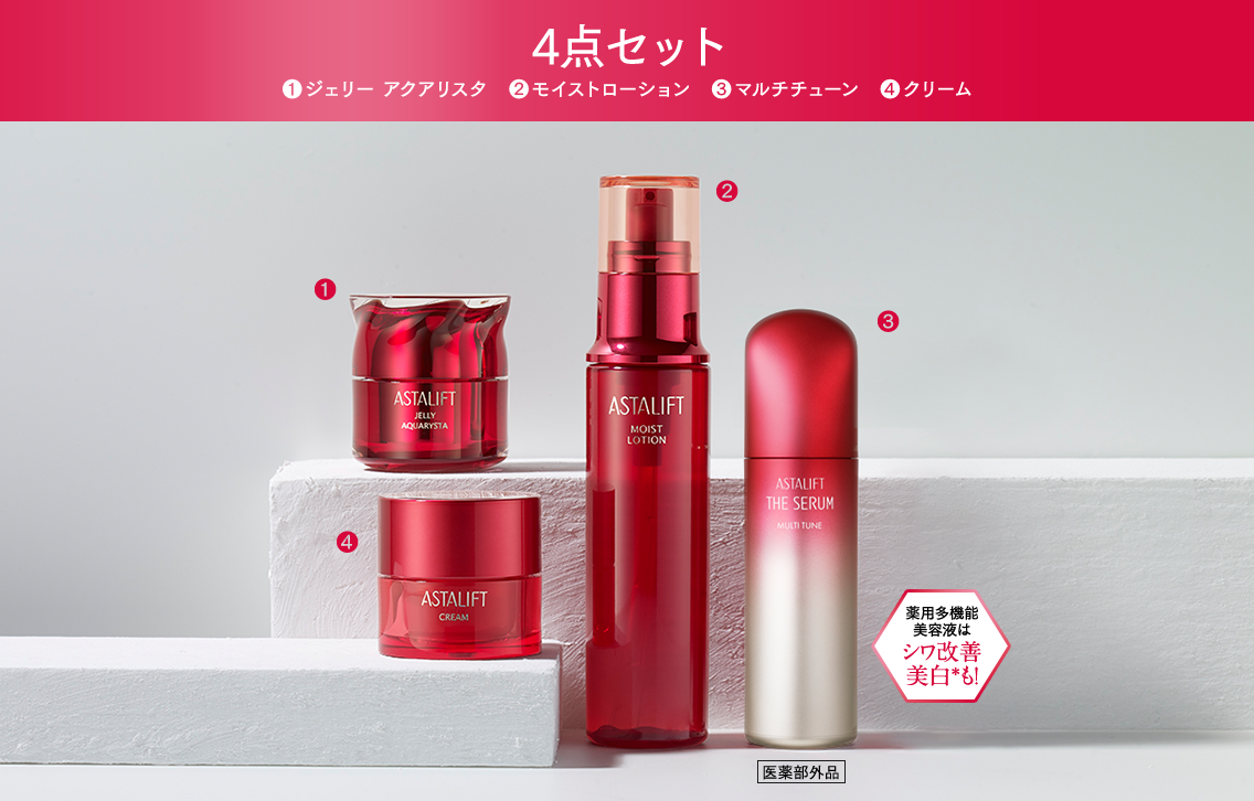 4点セット 1.ジェリー アクアリスタ 2.モイストローション 3.マルチチューン 4.クリーム