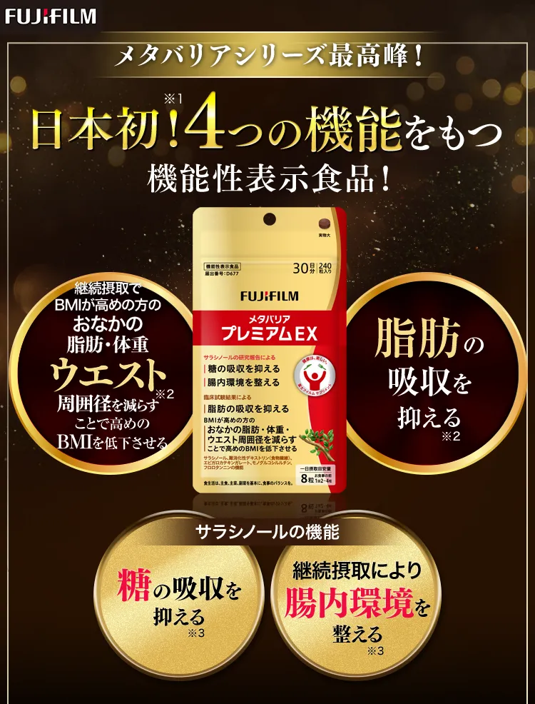 メタバリアシリーズ最高峰！日本初！4つの機能をもつ機能性表示食品！メタバリアプレミアムEX