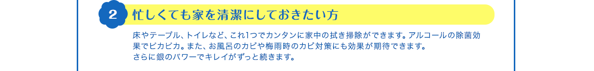 2 忙しくても家を清潔にしておきたい方　床やテーブル、トイレなど、これ1つでカンタンに家中の拭き掃除ができます。アルコールの除菌効果でピカピカ。また、お風呂のカビや梅雨時のカビ対策にも効果が期待できます。さらに銀のパワーでキレイがずっと続きます。