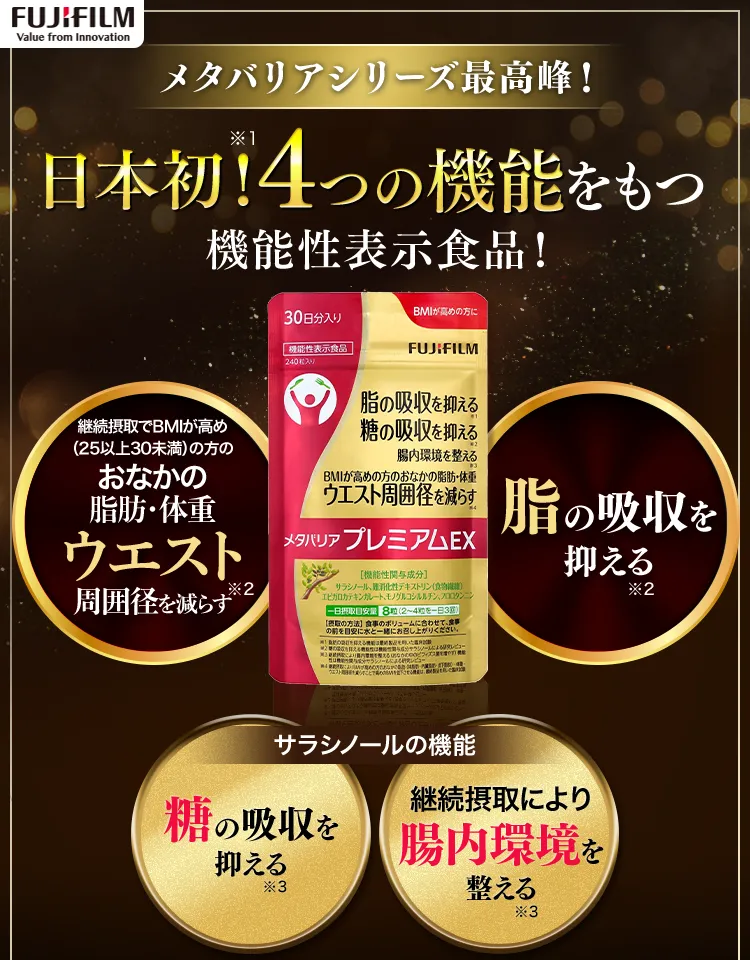 メタバリアシリーズ最高峰！日本初！4つの機能をもつ機能性表示食品！メタバリアプレミアムEX
