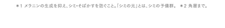 *1 メラニンの生成を抑え、シミ・そばかすを防ぐこと。「シミの元」とは、シミの予備軍。 *2 角層まで。